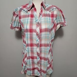 Wrangler Short Sleeve Plaid Button-Down Shirt in Red, Aqua & White